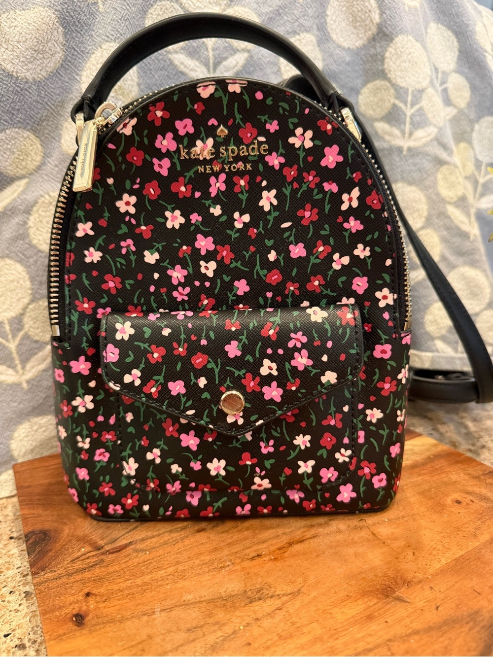 kate spade Black Floral Mini Backpack with Pink and Red Flowers